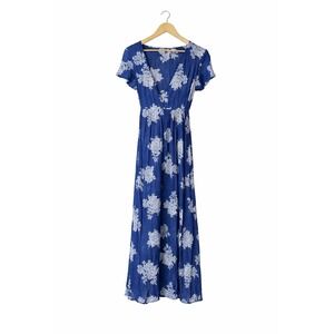 Lulus Blue White Floral Maxi Dress V-Neck Flutter Sleeve Boho Tiered Medium